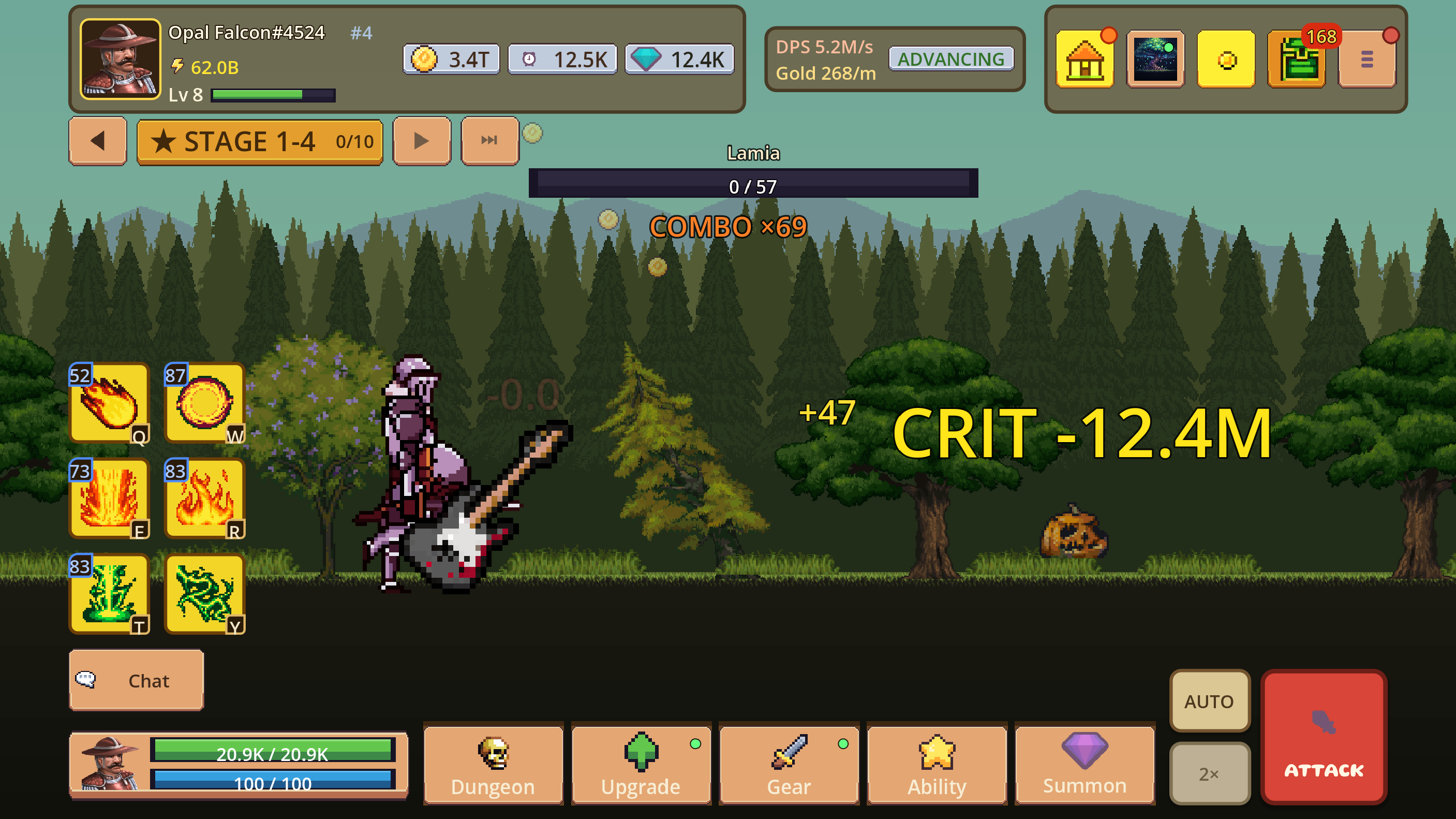 An early forest battle with the complete combat interface visible
