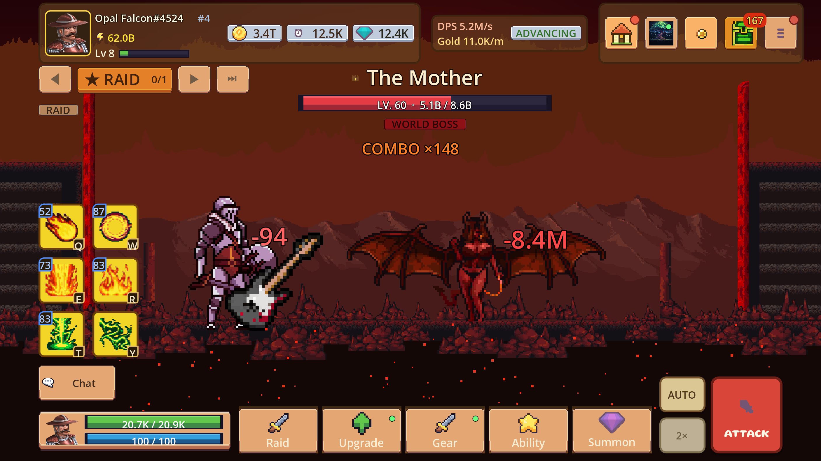 World-boss fight with boss health, party abilities, damage, and timer visible