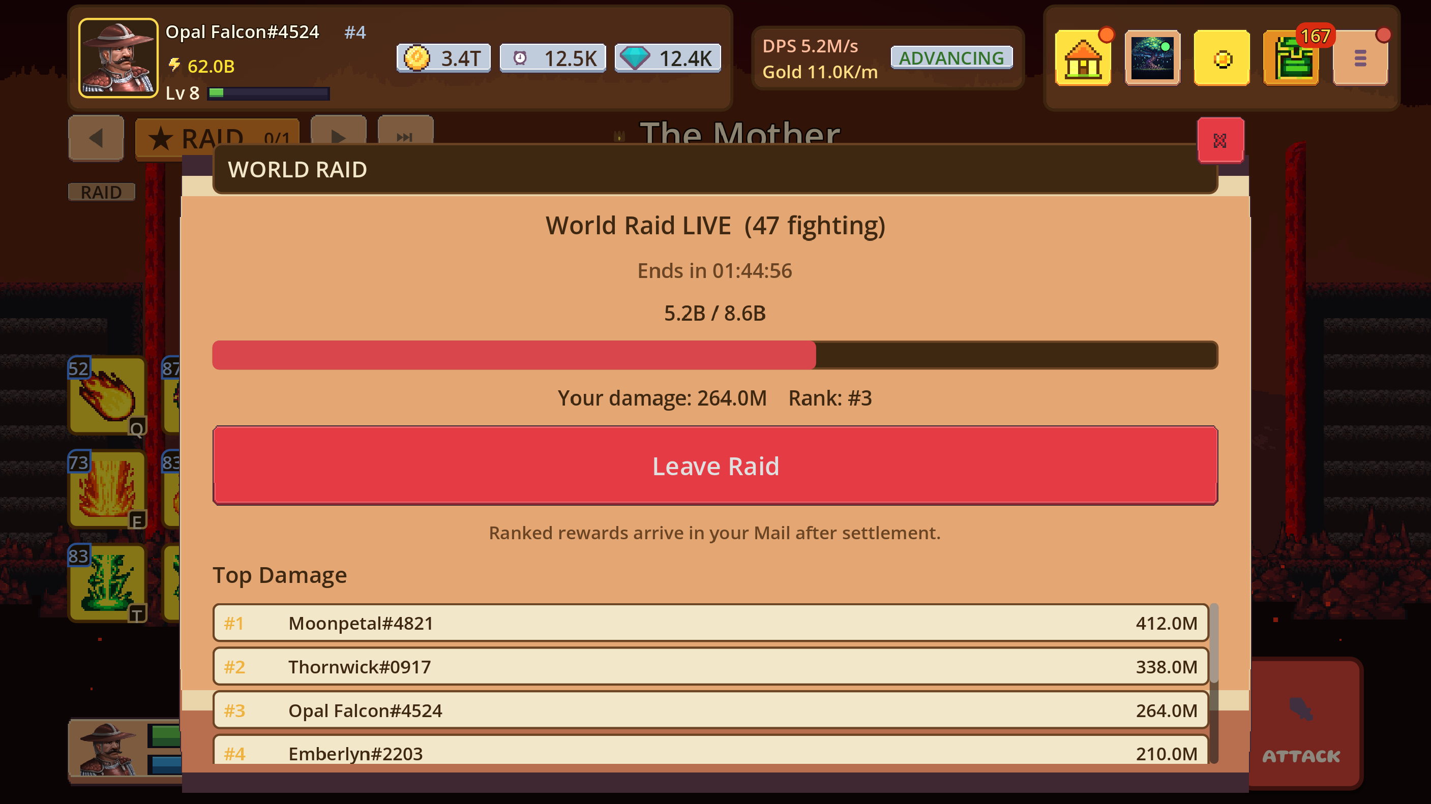 World-boss results screen showing the completed attempt and earned outcome