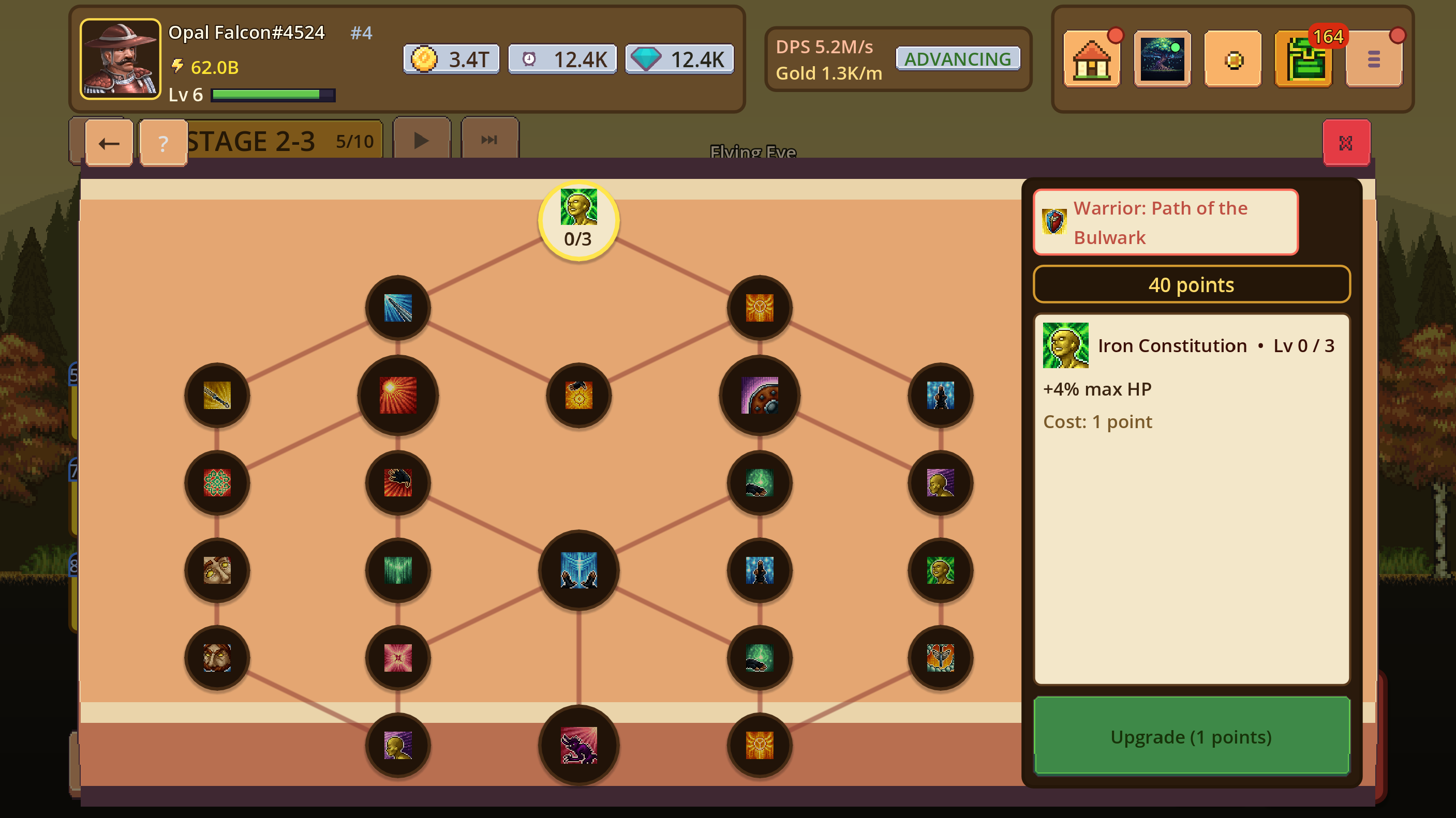 Branching warrior skill tree with selectable upgrades and ability details
