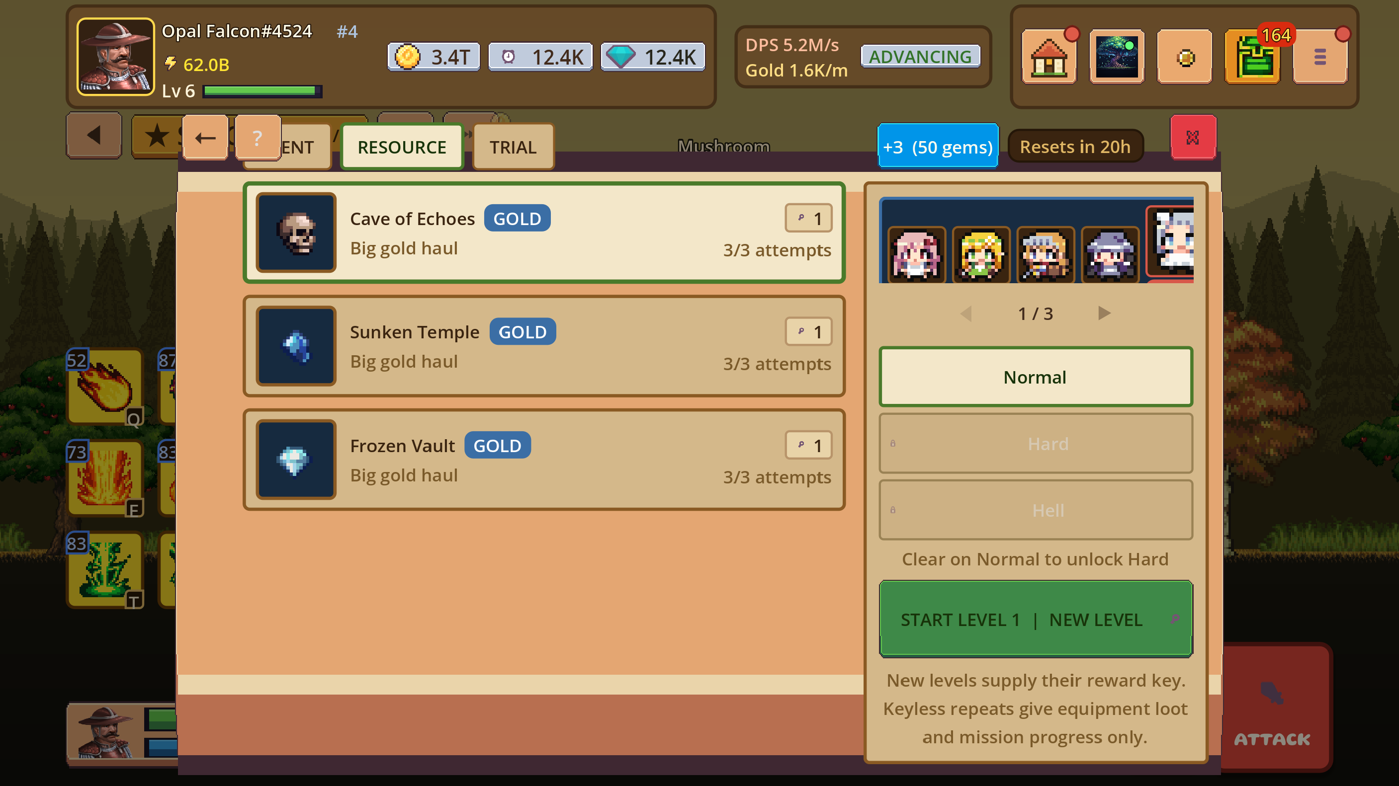 Dungeon selection interface with available activities and rewards