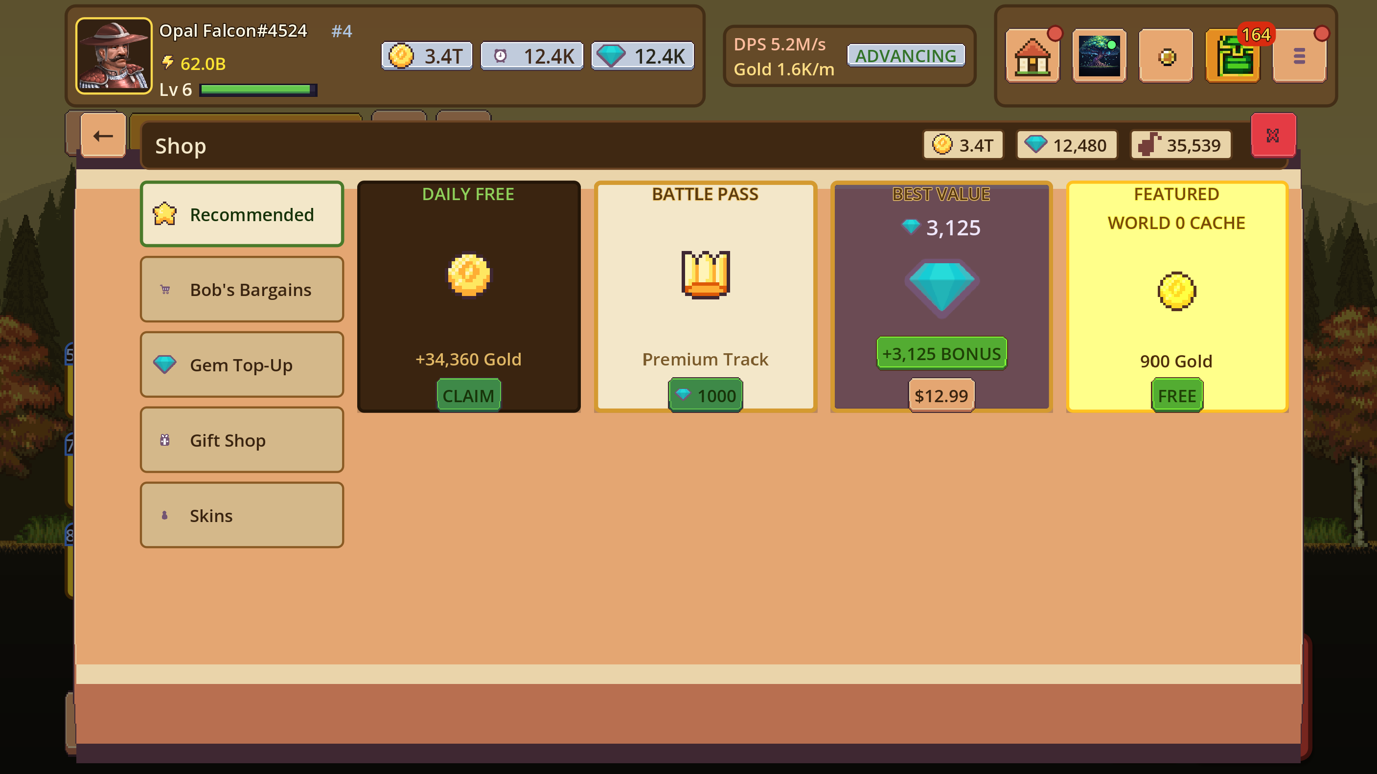 Game store showing a daily free item, battle pass, premium currency quantity, and price